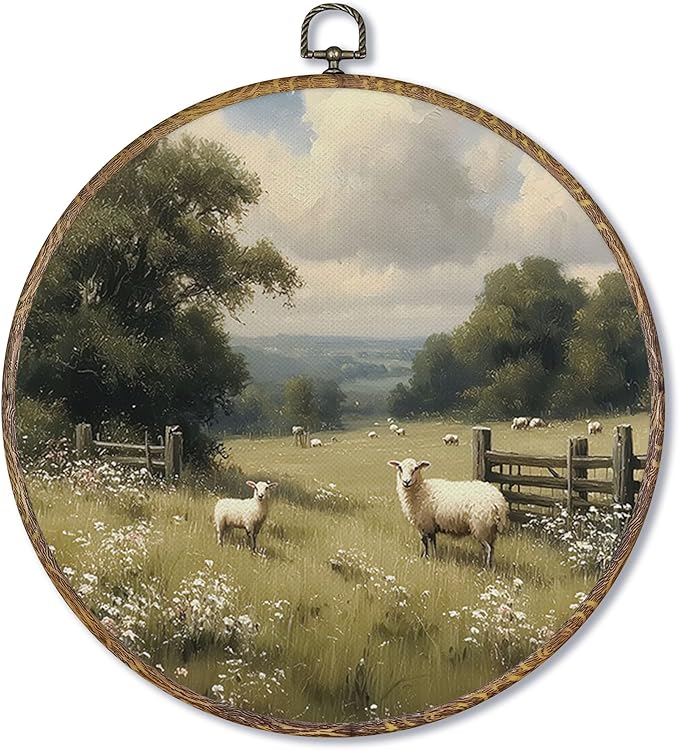 Fewgb Vintage Sheep Round Wall Art Decor Framed for Farmhouse, Rustic Country Canvas Wall Art Prints Picture, Farmhouse Landscape Hanging Room Decor Artwork for Gallery Kitchen Bedroom 10x10