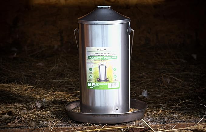 Plexon 8.8 Lb Stainless Steel Hanging Chicken Feeder no Waste Food-Grade - Duck Turkey Poultry Feeder for Chicken Metal - Heavy Duty Reliable Long-Lasting with Handle