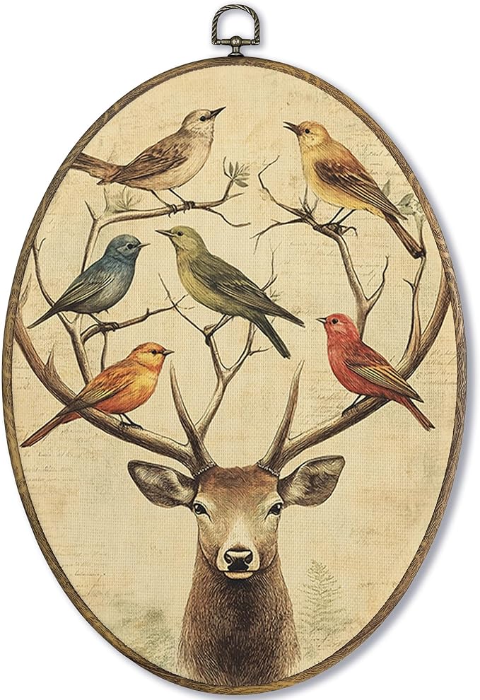Fewgb Vintage Deer Antlers Birds Oval Wall Art Decor Framed, Reindeer Hunting Canvas Wall Art Prints Picture, Rustic Farmhouse Cottagecore Hanging Room Decor Artwork for Gallery Bedroom 9x12