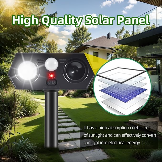 Sonic Racoon Fortress Pro IP65 Solar Ultrasonic Animal Repellent Outdoor Deer Repellent Devices Cat Deterrent Deer Alarms for Gardens with Motion Sensor&Light Rabbit Squirrel Skunk Dog Repeller(4)