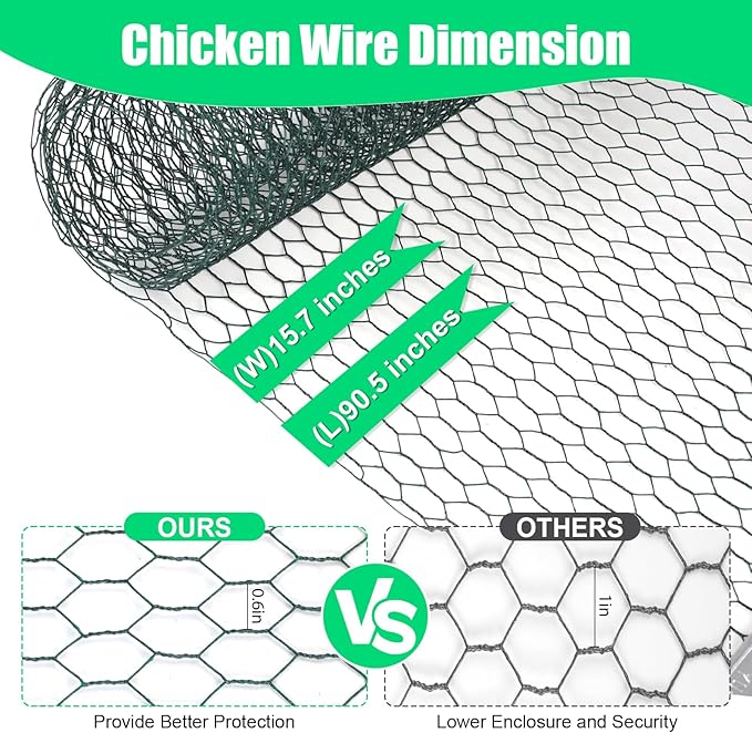 Chicken Wire, 15.7 x 90.5 Inches, Green, Hexagonal Mesh, Galvanized Metal Poultry Wire Netting for Crafts, Poultry, Garden