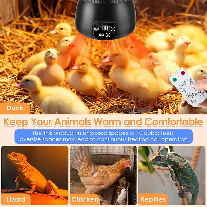 2 Pack Chicken Coop Heater with Remote, 200W Chicken Coop Warmer Temperature Control with Lights, Heat Lamps for Chickens with Digital Display and 5Ft Cable for Reptiles/Duck/Lizard