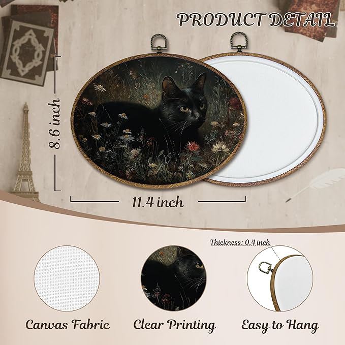 LKETW Vintage Black Cat Floral Oval Wall Art Decor, Dark Academia Cottagecore Black Cat Oval Canvas Hanging Decor, Rustic Moody Botanical Wall Decorations for Home Living Room Bedroom, 11.4x8.6 Inch