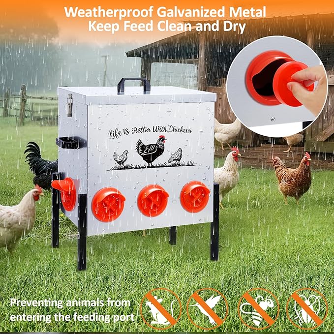 50LB Automatic Chicken Feeder–8 Feeding Ports No-Waste Galvanized Metal Chicken Feeder Box with Adjustable Legs & Locking Lid Poultry Feeder for Chickens,Geese,Ducks,Rust-Resistant