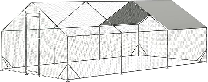 IchbinGo Large Metal Chicken Coop with Waterproof Cover, Walk-in Metal Poultry Cage Spire Shaped Chicken Coop Run, Chicken Run with Anti-UV Cover for Outdoor Backyard Farm (10' L x 20' W x 6.56' H)