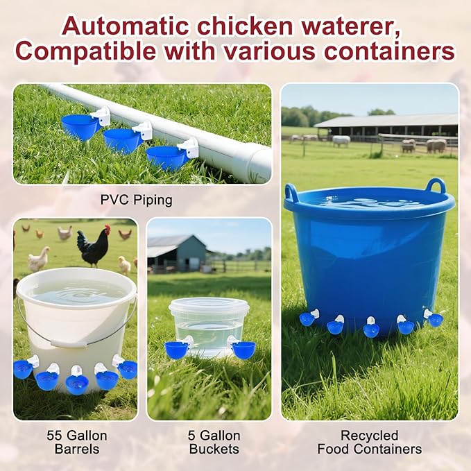 Chicken Waterer Cups, 8 Pack Blue Automatics Chicken Waterer, Professional Poultry Cups Suitable for Chicks, Duck, Goose, Turkey and Bunny Various Poultry, Compatible with Various Containers