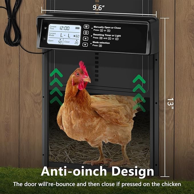 Automatic Chicken Coop Door Solar Powered, LCD Display Automatic Chicken Door with Timer & Light Sensor Mix 4Modes, Aluminum Waterproof Coop Door Charge with Solar Panel & USB,Remote Control