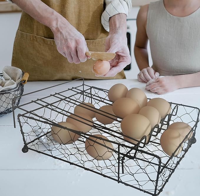 TAIANLE. Wire Egg Basket For Gathering Fresh Eggs with Rolling Tray 2 Tier, Farmhouse Metal Egg Holder Container Countertop, Rustic Display Tray