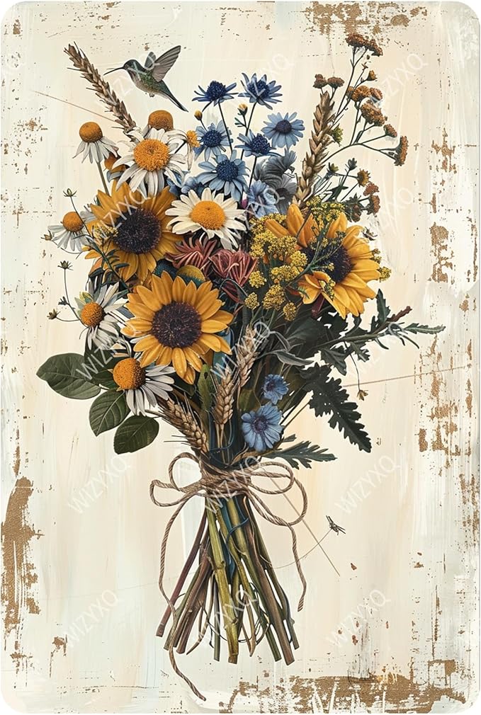 Flowers Metal Signs Vintage A Bouquet of Wild Flowers Tin Sign Retro Wall Decor for Living Room Bedroom Greenhouse Garden Yard Shop Bar 8×12 Inches