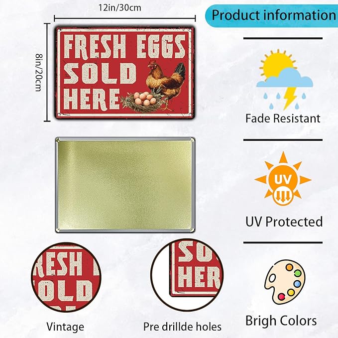 Vintage Farm Fresh Eggs Chicken Coop Metal Sign Funny Fresh Eggs Sale Here Farm Tin Poster Outdoor Farmers Market Wall Decor 12x8 Inch