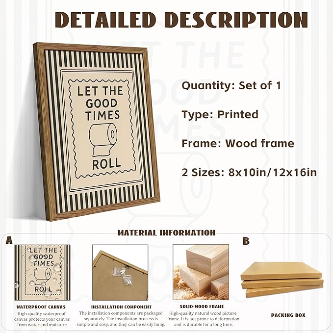 Framed Let The Good Times Roll Bathroom Print, Vintage Funny Toilet Quote Canvas Wall Art, Stripes Bathroom Picture Poster, Downstairs Toilet Painting Wall Decor 8x10 inch