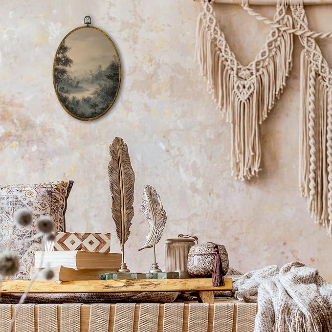 shiviody Vintage Landscape Canvas Wall Art Decor, Antique Rustic Farmhouse Neutral Country Lake Landscape Oval Hanging Frame Prints Decorations for Home Bedroom Living Room 8.6"x11.4"