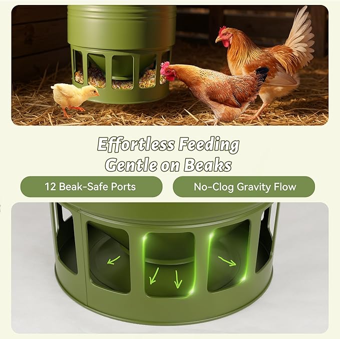 KOL Hanging Chicken Feeder 20lbs Metal Chicken Feeder No Waste, Adjustable Poultry Feeder with 12 Ports, No Installation & Universal Height Design (Green)