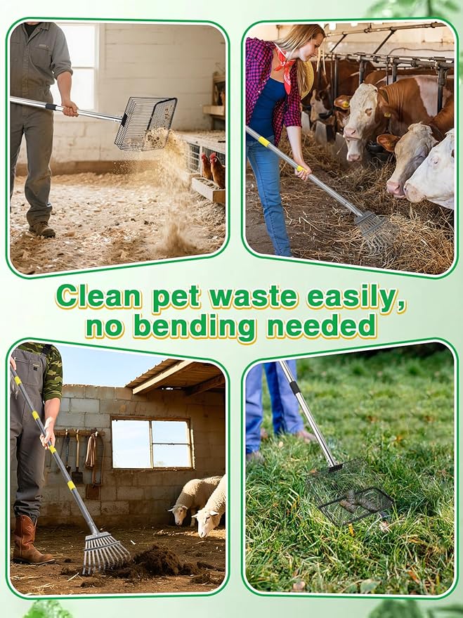 Extra Long Chicken Poop Scooper & Rake - Save-Effort 36''-76'' Long Metal 10'' Wide Scooper & 11 Tooth Rake, Chicken Coop Accessories for Efficient Cleaning