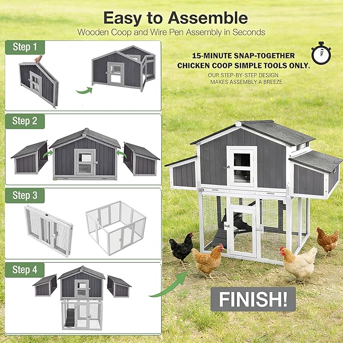 Large Chicken Coop for 6-8 Chickens, Double Folding Wooden Chicken House with 2 Nesting Boxes, Reinforced Iron Frame, Pull-Out Tray & Waterproof Roof, Outdoor Poultry Cage-(Black)