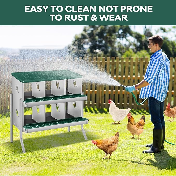 Easy Clean & Egg Protection - Metal Chicken Nesting Box for Small Animals - 6 Compartments, Wall-Mounted Galvanized Steel, Secure Laying, Durable Poultry Coop Accessory - Green, 6 Slots