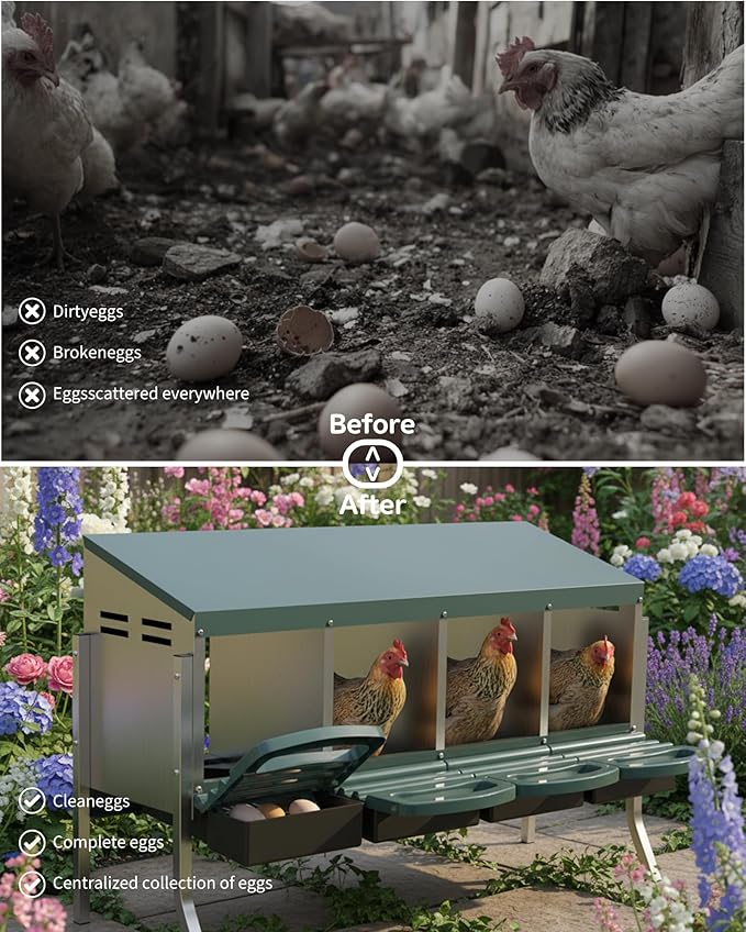 Metal Chicken Nesting Box with Easy-Collect Tray & Lid – 3/4/2x2 Compartment Heavy Duty Roll Away Nesting Boxes for Chickens, Wall Mount or Freestanding, Galvanized Steel Hen Laying Box for Coop