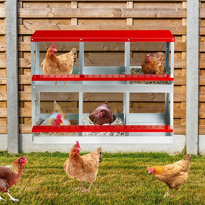 Chicken Nesting Box for Laying Eggs,Wall-Mountable Chicken Coop Nesting Boxes,6 Hole Roll Away Nesting Boxes,with Large Vented Holes,for Chickens,Ducks,Large Egg Laying Boxes (Red 6 Hole)