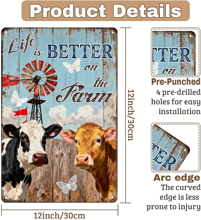 Farmhouse Tin Sign Life Is Better On The Farm Rustic Metal Wall Art Decor For Home Kitchen Farm Barn Vintage Cow Sign 8x12 Inch