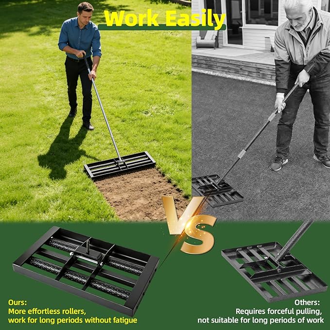 Lawn Leveling Rake 17"×10", Stainless Steel Landscaping Tool with 8ft Adjustable Handle, Effort-Saving with 2 Rollers, Foldable Leveler Rake for Yard, Topsoil, Farm, Backyard, Black