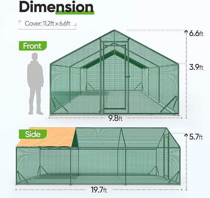 Quictent Premium Large Metal Chicken Coop Run Upgraded with Reinforced Hardware Cloth & 1.26" Galvanized Metal Tube, Walk-in Poultry Cage for Outdoor Yard Farm, Waterproof Cover, 19.7x9.8x6.6FT