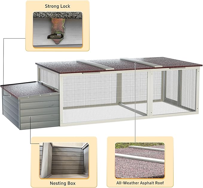 Large Wooden Chicken Coop,Outdoor Hen House with Nesting Box and Weatherproof Asphalt Roof,Walk-in Poultry Cage W/Secure Locks,Metal Mesh Run for Backyard Farm Use,Easy Assemble,Gray