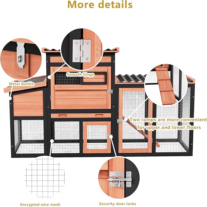 Wooden Chicken Coop with Outdoor Run, 4-Season Weatherproof Poultry Cage for Hens Ducks Rabbits, Large Walk-in Pet House with Nesting Box, Removable Tray & Secure Latch for Backyard Farm