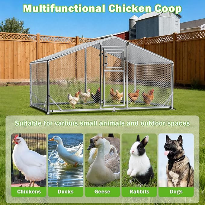 10x6.5FT Metal Chicken Coop, Dutch Door Chicken Run with Chicken Perch, Cover and Hardware Cloth, Walk in Duck Pen for Backyard Poultry and Pet Farming