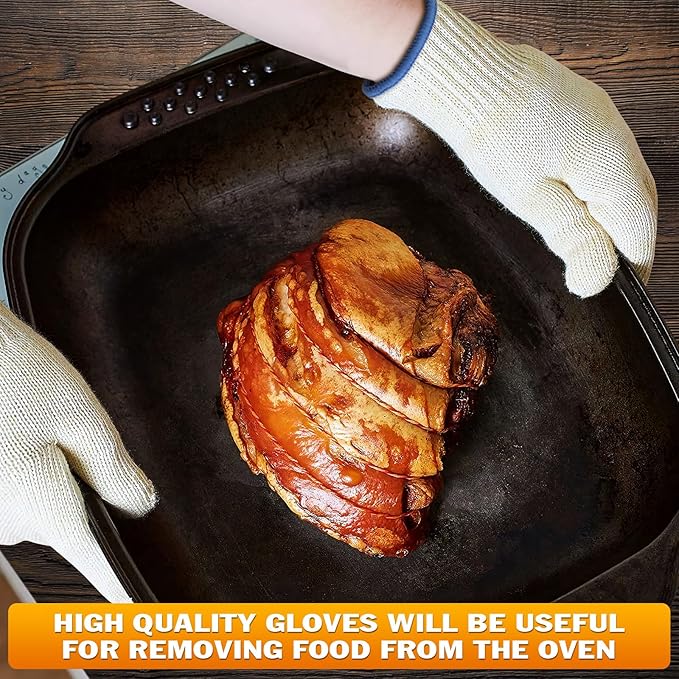 2 Pairs Heat Resistant Gloves for Grilling - 9.45 Inch Durable Aramid Oven Gloves with Fingers - Full Hand Protection, Functionality, Easy to Use, Multipurpose for Baking, Roasting, Frying, and More