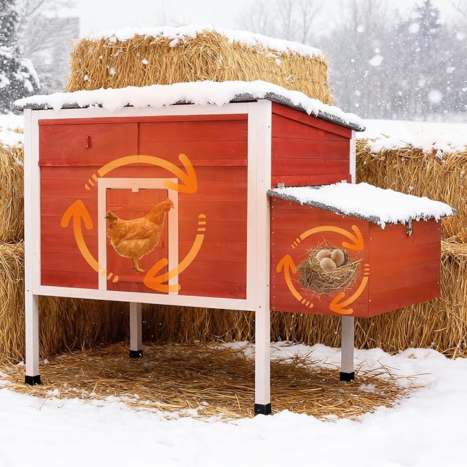 Chicken Coop Hen House Wooden Insulated Poultry Cage Rabbit Hutch with Nesting Box Asphalt Roof Pull-Out Metal Tray Elevated Legs Removable PVC Layer