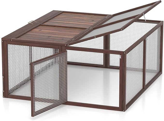 GOJOOASIS Wooden Chicken Coop Pen Folding Rabbit Run Portable Chicken Cages for Outside Chicken Enclosure Outdoor Duck Coop with 2 Accesses & Ventilating Wire for Garden Backyard (Carbonized Wood)