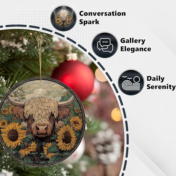 Vintage Highland Cattle Round Metal Sign Retro Sunflower Tin Sign Nostalgic Rustic Wall Decor Bedroom Living Room Cafe Yard Office Fence Door Outside Farmhouse Farm 12 * 12 In