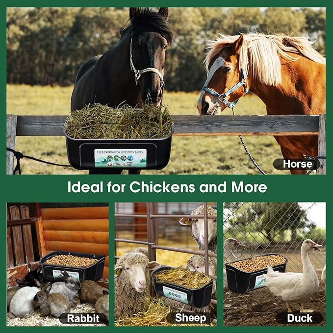 2 Pack Chicken Duck Feeder, Poultry Feeders and Waterers, Hanging Goat Feeder, Livestock Feeding Container, Feed Trough and Waterer Bucket with Clips(Black)