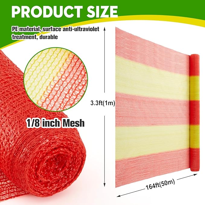 1 Roll 3.3' x 164' Safety Snow Fence Net HDPE High Visibility Temporary Barrier Construction Netting Safety Warning Roadblock for Snow Fencing Garden Poultry Driveway (Red and Yellow)
