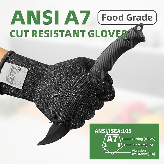 Schwer 2 Pairs ANSI A7 Cut Resistant Gloves, Mandoline Glove for Kitchen, Breathable & Comfortable, Food Grade Cutting Gloves for Meat Cutting, Fish Processing, Carving, and Shelling, PR1509, XXL