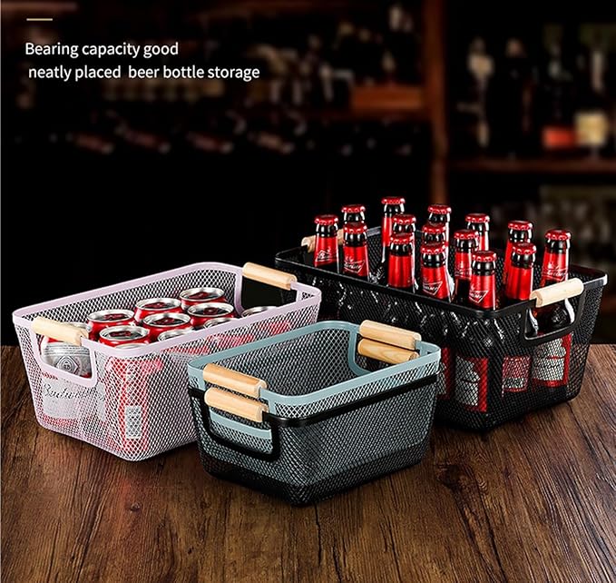 Metal Mesh Steel Basket, Medium Wire Storage Organizer Basket Multi-function Hanging Kitchen Basket with Wood Handle for Kitchen Bathroom Picnic Home, Rectangle-Purple
