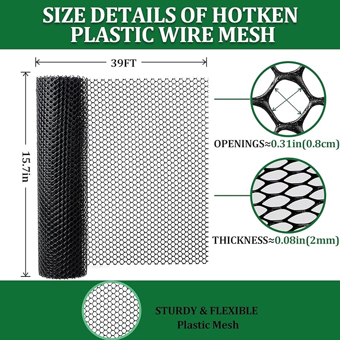 Plastic Wire Fence Mesh Roll, Sturdy Plastic Chicken Wire Mesh, Versatile Animal Fencing Barrier, Garden Netting Solution to Pet, Poultry, Dogs, Cats, Crafts and Gardening(Black, 15.7INx39FT)