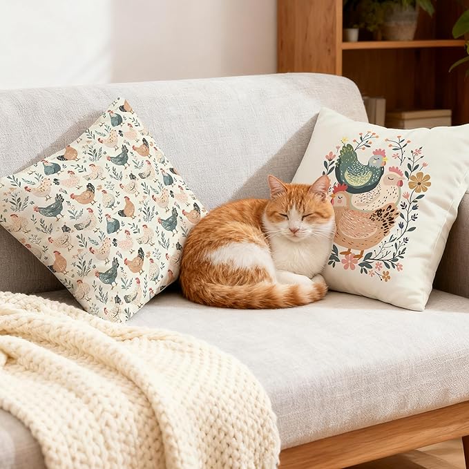 Rustic Floral Chicken Pillow Covers 18x18, Chicken Lover Lady Mom Gifts, Cottagecore Flower Farmhouse Hen Decorative Throw Pillow Covers for Home Bedroom Living Room, Set of 2,Color-3