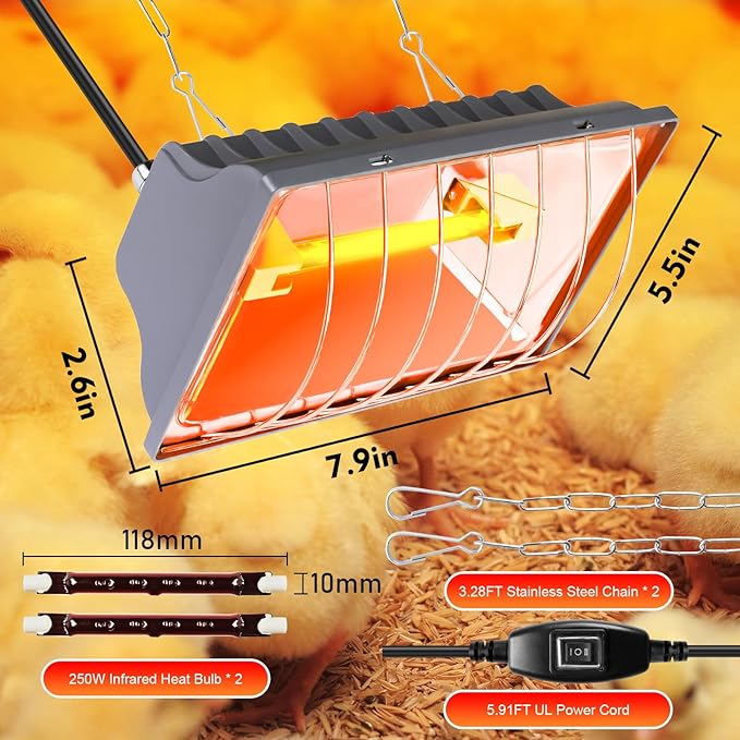 Chicken Heater 250W,Brooder Heating Lamp for Chicks Coop,Brooder Heater Warmer Lamp w/ 2Pcs Infrared Heat Bulbs,2 Adjustable Temp(250/175w) & Hight for Poultry Coop, Small Pets Indoor Warmer