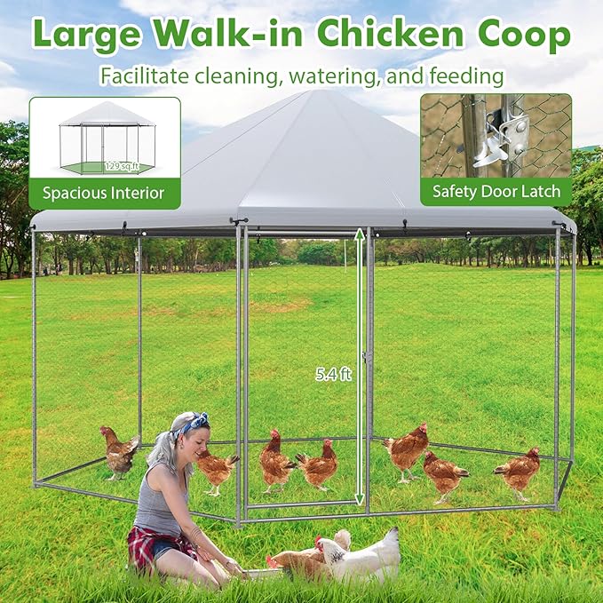 Giantex Large Metal Chicken Run, 13ft Hexagon Walk-in Chicken Coop with Waterproof Cover, Heavy Duty Steel Frame, 12 Stakes, Outdoor Poultry Cage House Chicken Pen Hen Duck Habitat for Farm Yard
