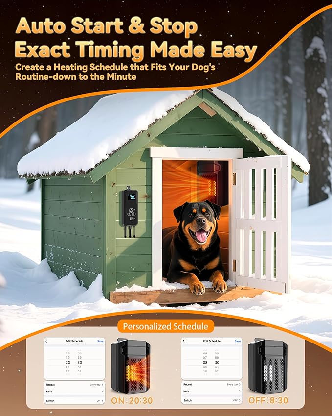 Dog House Heater with Thermostat & Smart APP WIFI Remote, 500W Fast Dog House Heaters Outdoor Doghouse, Chicken Coop, Pig Cat House, 41℉-113℉ Adjustable Temp & Timer, Pet Safe Space Electric Warmer