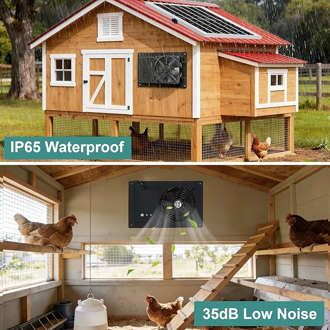Solar Powered Fan with Battery Run Day/Night, 15W Solar Fan for Chicken Coop with 16.4Ft Cable,3/6H Timer, Waterproof Greenhouse Fans for Shed, Chicken Coop,Ventilation