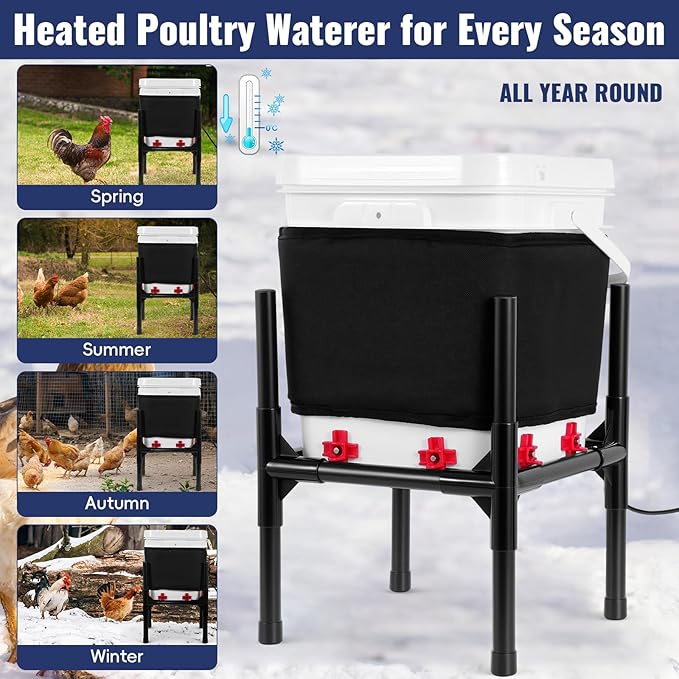 Heated Chicken Waterer 5 Gallon, Winter Chicken Waterer with Smart Thermostat, 8 Freeze-Proof Nipples, Chicken Water Heater for Winter, Easy Clean Anti-Tip Design