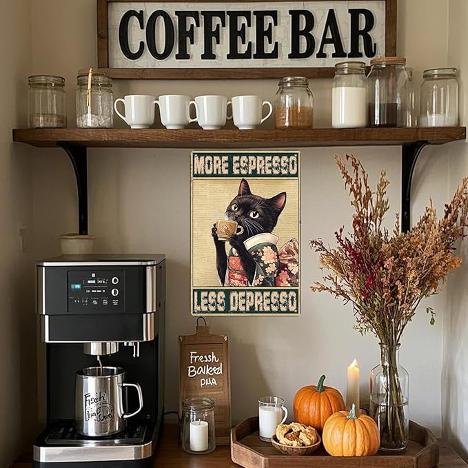 Coffee Cat Metal Signs More Espresso Less Depresso Tin Sign Kimono Cat Home Kitchen Wall Decor Bathroom Bedroom Office 12x8 Inch