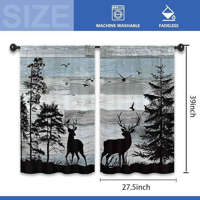Farmhouse Deer Rustic Kitchen Curtains 27.5W x 39L Inch Cabin Lodge Country Forest Blue Wood Wooden Rod Pocket Short Small Window Treatment Drapes Decor 2 Panels