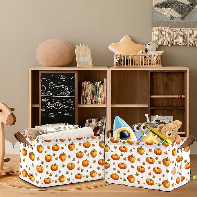 Pumpkin Maple Leaf Storage Basket with Handles,Thanksgiving Collapsible Rectangle Organizer Bin for Room Decoration Books Box Baskets 17x11.5x10Inch