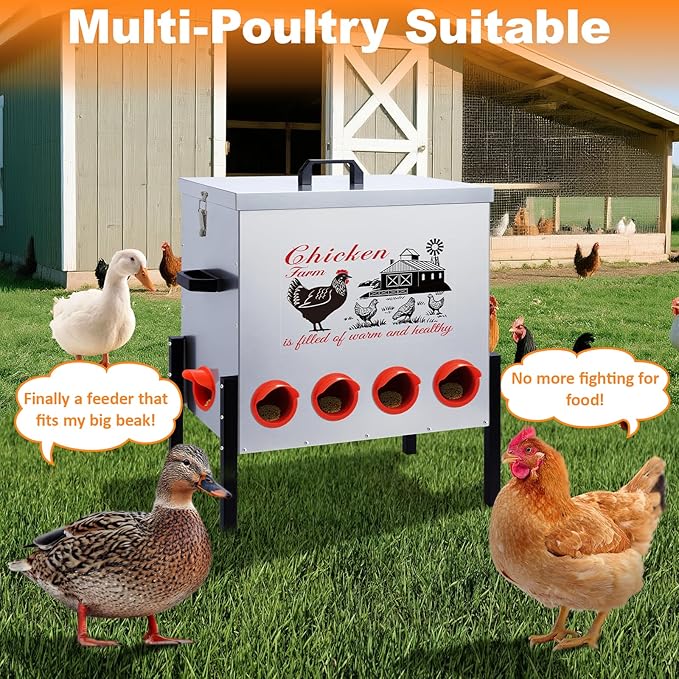 100 LB Automatic Chicken Feeder 10 Port L No-Waste Ports Heavy-Duty Outdoor Metal Feeder with Adjustable Height,Locking Lid & Riveted Handles,Rustproof Feed Box for Poultry & Backyard
