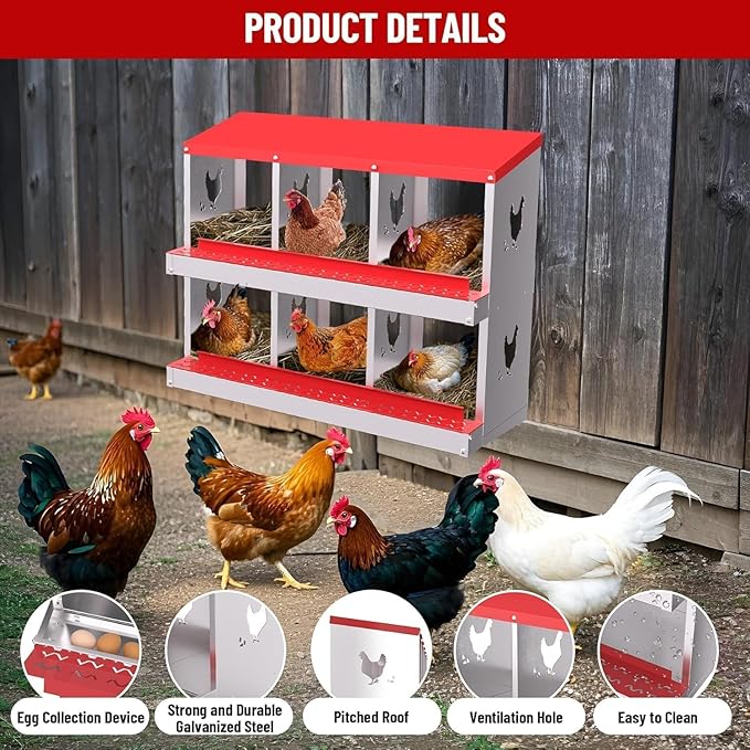 Chicken Nesting Box, Heavy-Duty Metal Chickens Laying Boxes with 6 Compartments, Large Vented Holes Hens Laying Box, Chicken Coop with Rollout Egg Collection, Wall Mount - Red