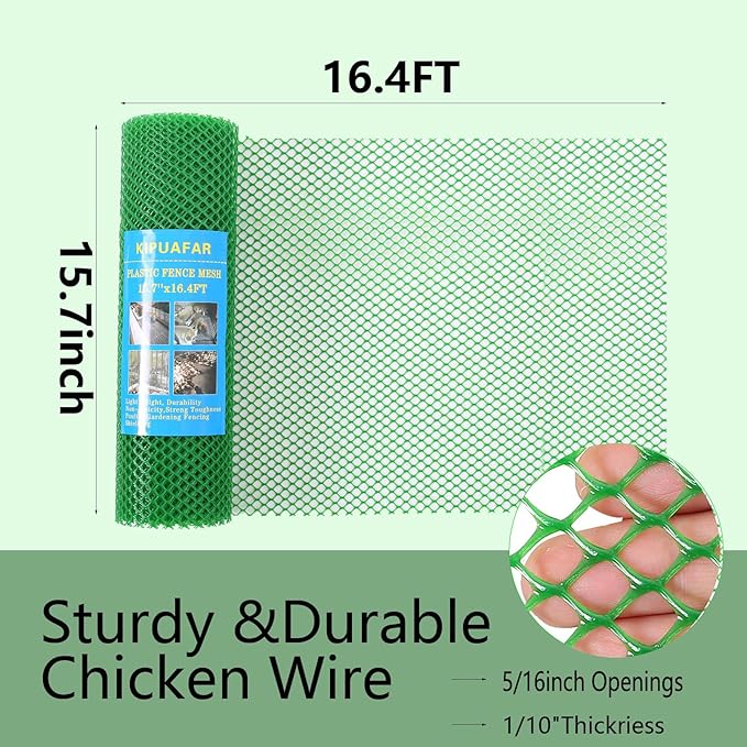 Pet Proof Barrier Net, Green Plastic Chicken Wire Mesh Fencing 15.7IN x 16.4FT, Balcony Cat Safety Net & Garden Snake Barrier, Heavy Duty Protection for Chicken Coops, Rabbit Hutches, Dog Kennels
