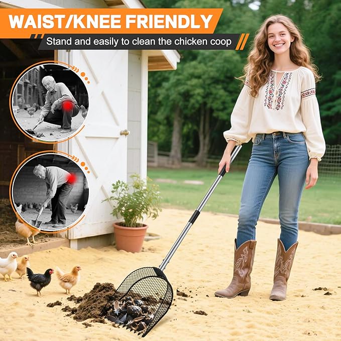 Metal Chicken Poop Scooper and Rake 2-in-1, Poop Chicken Scoop Sand with Stainless Steel Handle (43-73" Adjustable), Sifter Shovel Chicken Coop Sand Rake for Chicken Coops & Farm Animals